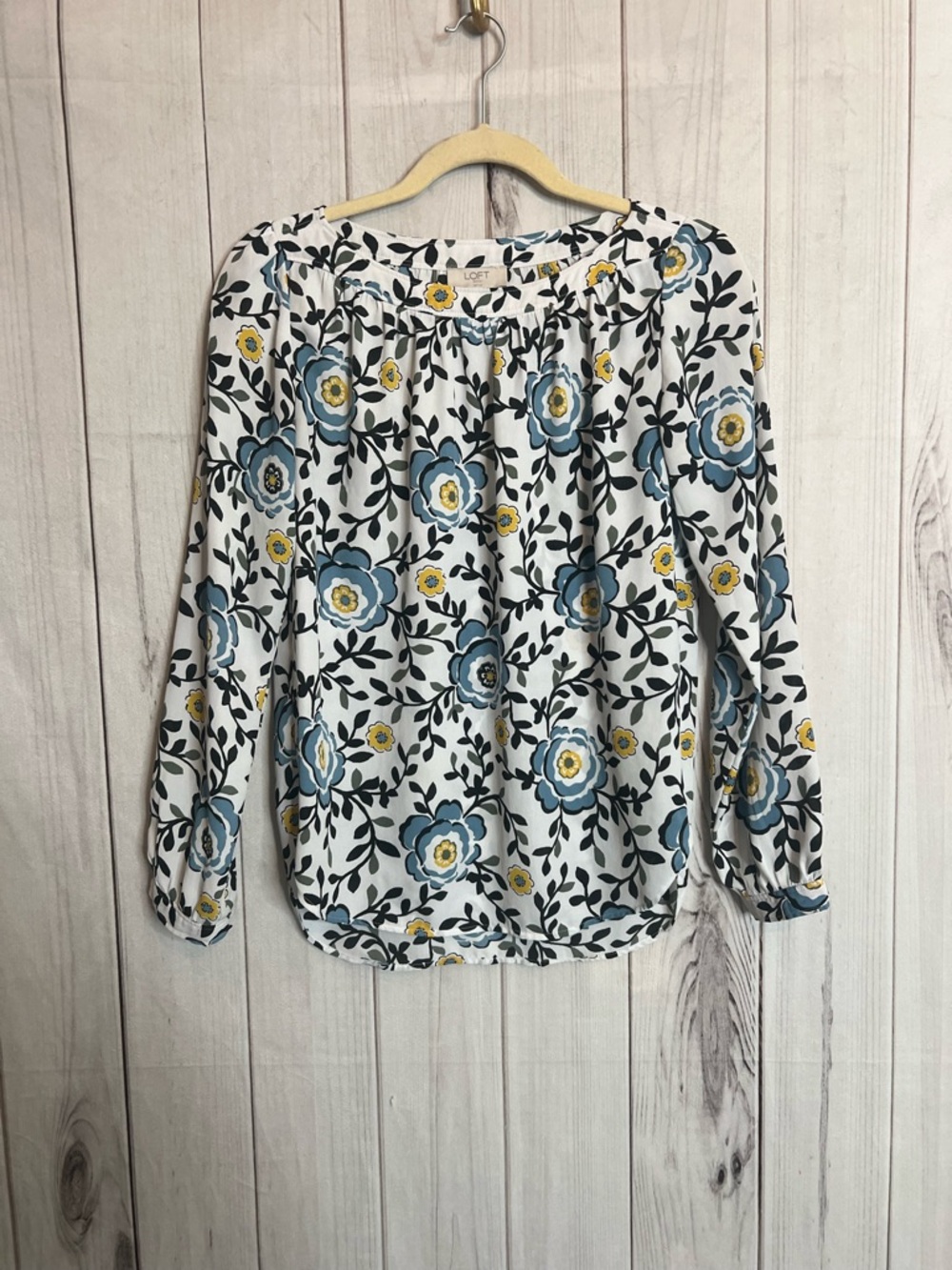 LOFT White Blouse with Blue & Yellow Floral Print